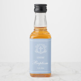 Einfaches Blumenkreuz auf hellblauer Taufe Alkoholflaschenetikett