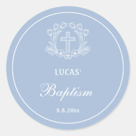 Einfaches Blumenkreuz auf hellblauer Taufe Runder Aufkleber
