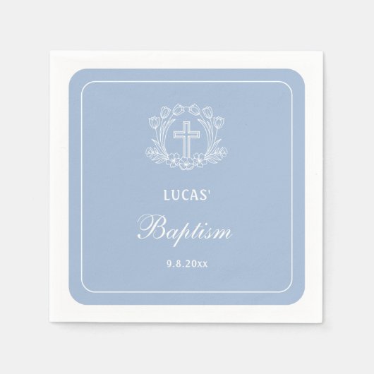 Einfaches Blumenkreuz auf hellblauer Taufe Serviette (Vorderseite)