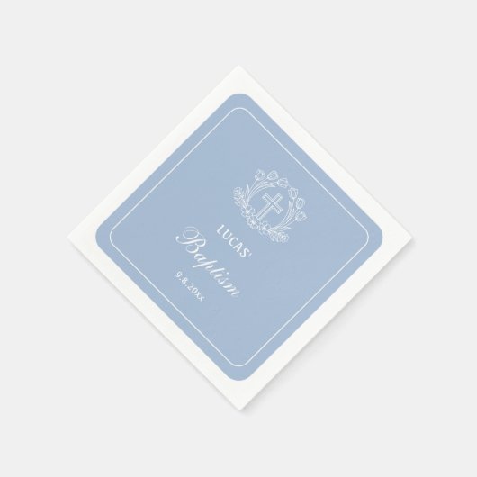 Einfaches Blumenkreuz auf hellblauer Taufe Serviette (Ecke)