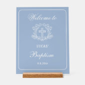 Einfaches Blumenkreuz auf hellblauer Taufe Willkom Acrylschild (Vorderseite)