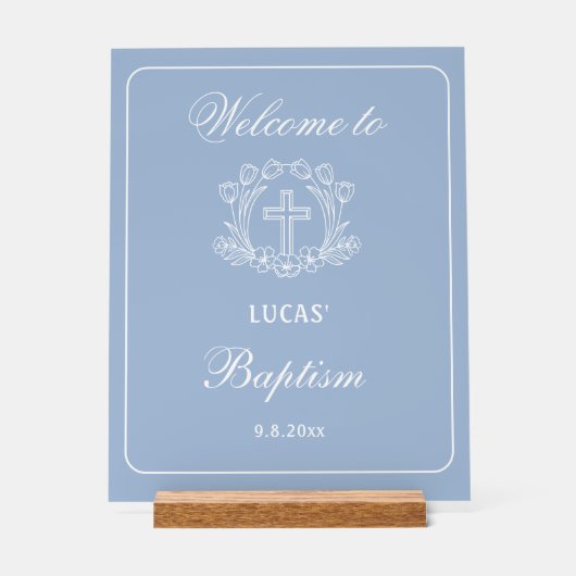 Einfaches Blumenkreuz auf hellblauer Taufe Willkom Acrylschild (Vorderseite)