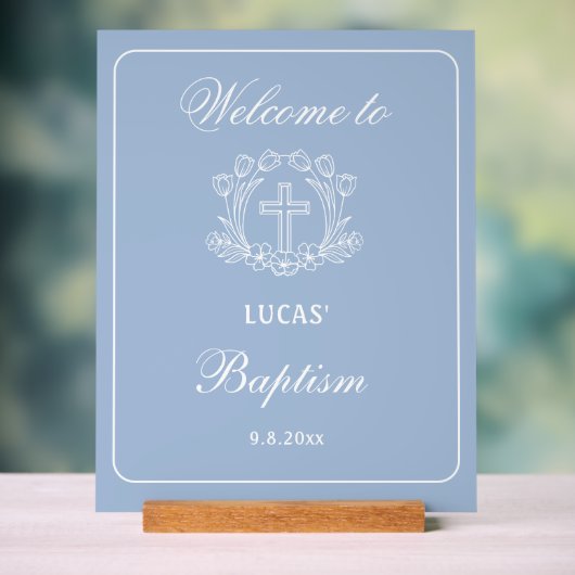 Einfaches Blumenkreuz auf hellblauer Taufe Willkom Acrylschild (Neutral)