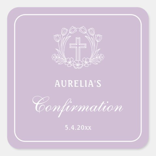 Einfaches Blumenkreuz auf Lilac-Bestätigung Quadratischer Aufkleber (Vorderseite)