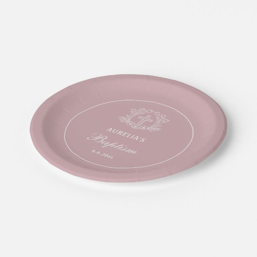 Einfaches Blumenkreuz auf rosa Taufe Pappteller (Schrägansicht)