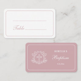 Einfaches Blumenkreuz auf rosa Taufe Platzkarte