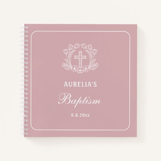Einfaches Blumenkreuz auf rosa Taufen Gästebuch Notizblock (Vorderseite)