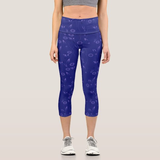 Einfaches Blumenmuster Retro Blau Capri Leggings (Vorderseite)