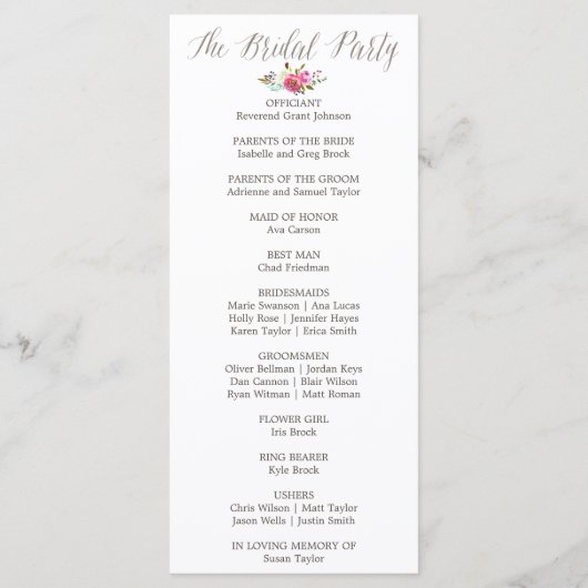 Einfaches Blumenwasser-Bouquet-Hochzeitsprogramm Programm (Rückseite)