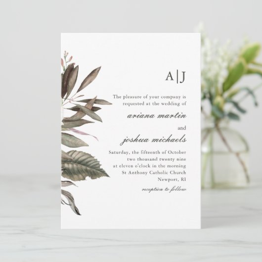 Einfaches Botanisches Bouquet mit Monogramm-Foto Einladung (Stehend Vorderseite)