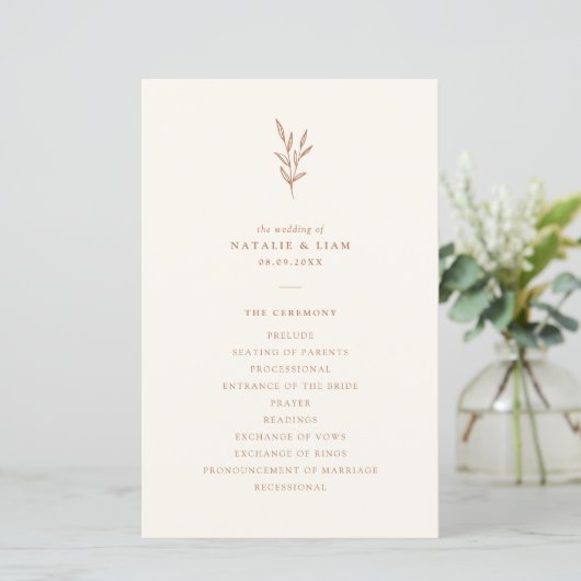 Einfaches Botanisches Burnt Orange Hochzeitsprogra (Stehend Vorderseite)