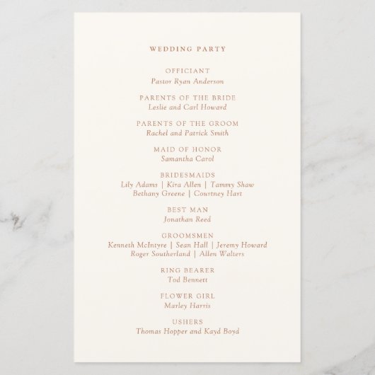 Einfaches Botanisches Burnt Orange Hochzeitsprogra (Rückseite)