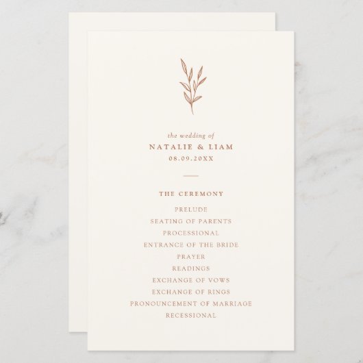 Einfaches Botanisches Burnt Orange Hochzeitsprogra (Vorne/Hinten)