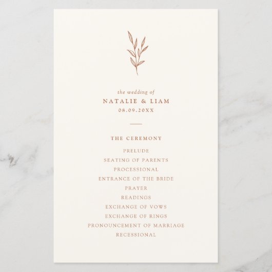 Einfaches Botanisches Burnt Orange Hochzeitsprogra (Vorderseite)