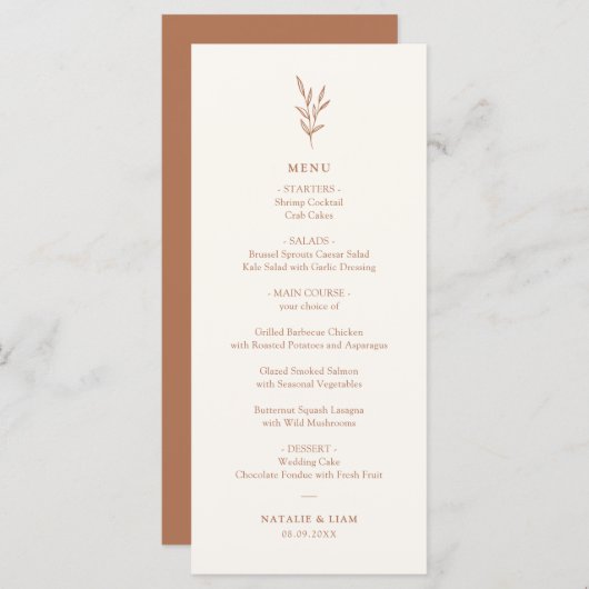 Einfaches Botanisches Burnt Orange Wedding Menu Menükarte (Vorne/Hinten)