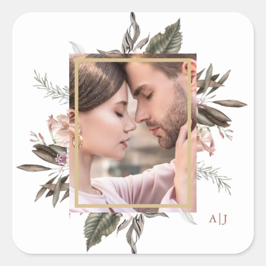 Einfaches botanisches Frame-Foto mit Monogram Squa Quadratischer Aufkleber (Vorderseite)