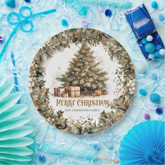 Einfaches botanisches grünes Kranz Weihnachtsbaum Pappteller (Party)