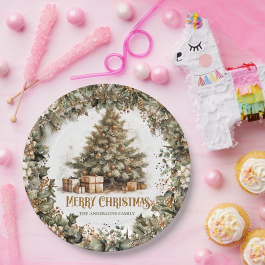 Einfaches botanisches grünes Kranz Weihnachtsbaum Pappteller (Party)