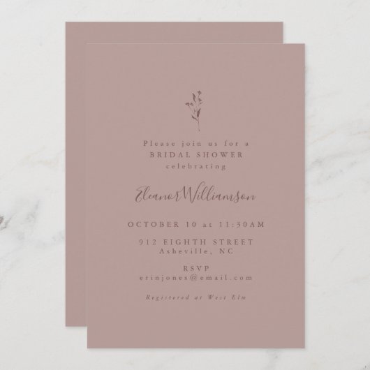 Einfaches botanisches Script Dusty Mauve Brautpart Einladung (Vorne/Hinten)