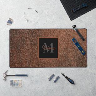 Einfaches braunes Leder-Muster Monogramm Name  Schreibtischunterlage