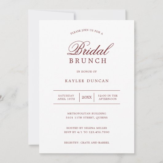 Einfaches Burgund und Minimalistischer Bridal Brun Einladung (Vorderseite)