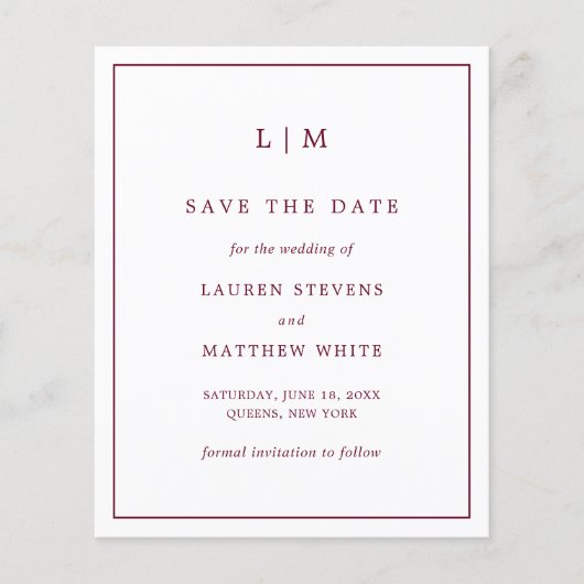 Einfaches Burgundy Budget Hochzeit speichern Sie d (Vorderseite)