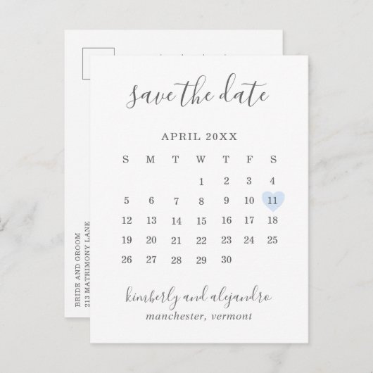 Einfaches Calendar Pastel Blaues Herz Save the Dat Ankündigungspostkarte (Vorne/Hinten)