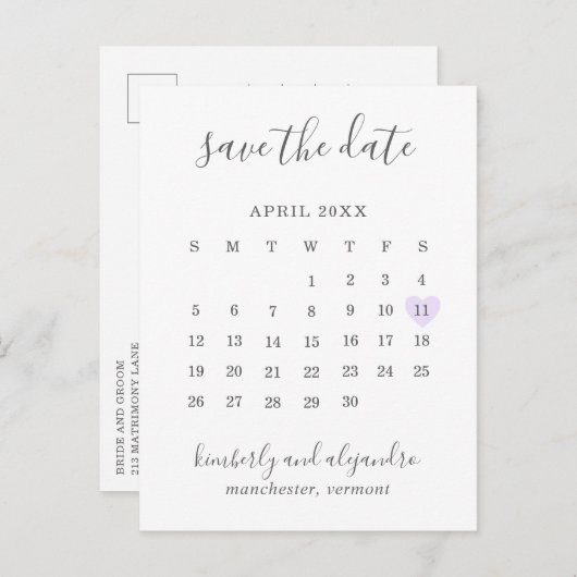 Einfaches Calendar Pastel Lila Herz Save the Date Ankündigungspostkarte (Vorne/Hinten)