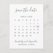 Einfaches Calendar Pastel Lila Herz Save the Date Ankündigungspostkarte (Vorderseite)