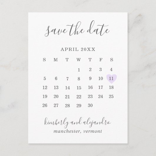 Einfaches Calendar Pastel Lila Herz Save the Date Ankündigungspostkarte (Vorderseite)