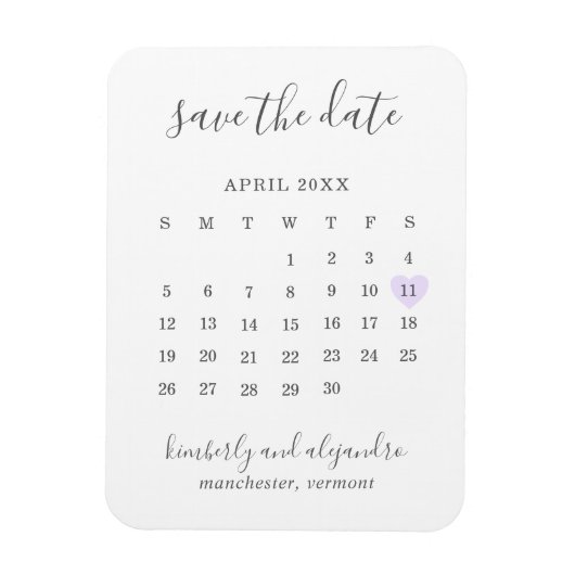 Einfaches Calendar Pastel Lila Herz Save the Date Magnet (Vertikal)