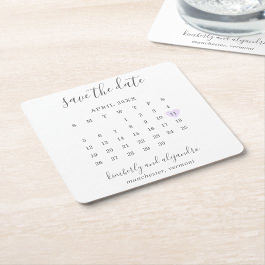 Einfaches Calendar Pastel Lila Herz Save the Date Rechteckiger Pappuntersetzer (angewinkelt)