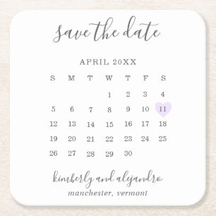 Einfaches Calendar Pastel Lila Herz Save the Date Rechteckiger Pappuntersetzer