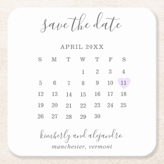 Einfaches Calendar Pastel Lila Herz Save the Date Rechteckiger Pappuntersetzer (Vorderseite)
