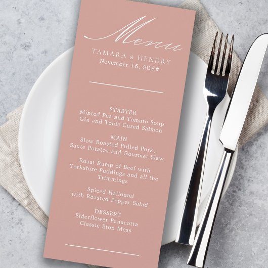 Einfaches Calligraphy Rose Gold Wedding Menu Menükarte