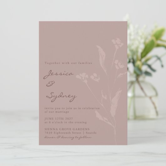 Einfaches Chic Botanisches Skript Dusty Mauve Wedd Einladung (Stehend Vorderseite)