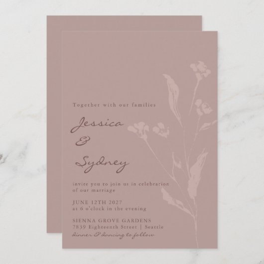 Einfaches Chic Botanisches Skript Dusty Mauve Wedd Einladung (Vorne/Hinten)