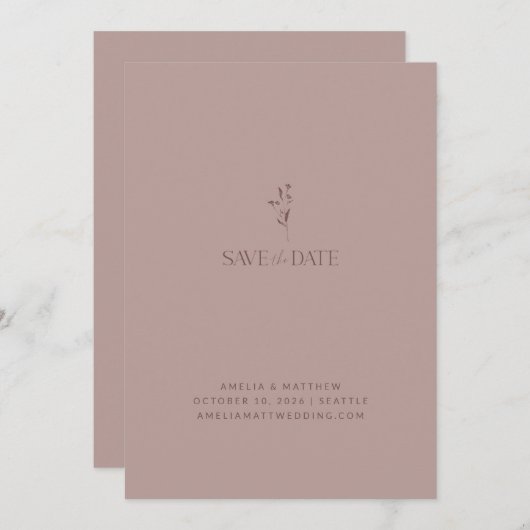 Einfaches Chic Botanisches Skript Dusty Mauve Wedd Save The Date (Vorne/Hinten)