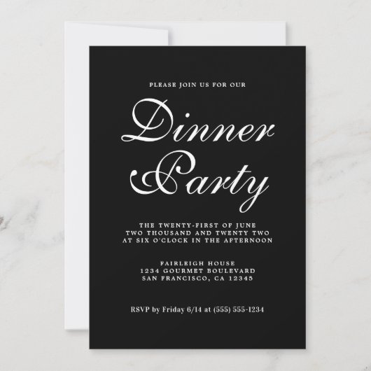 Einfaches Chic Calligraphy Black Dinner Party Einladung (Vorderseite)