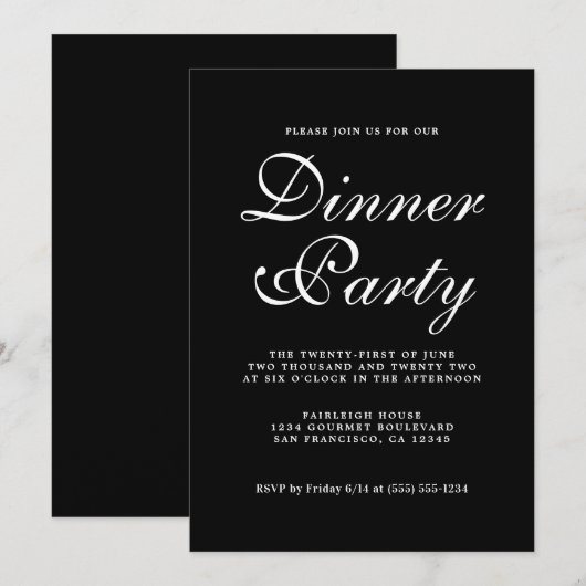 Einfaches Chic Calligraphy Black Dinner Party Einladung (Vorne/Hinten)