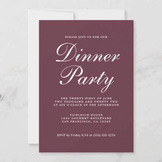 Einfaches Chic Calligraphy Burgundy Dinner Party Einladung (Vorderseite)