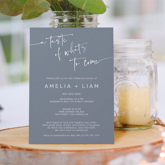 Einfaches, chic dusty blue Hochzeitsessen Probe Einladung
