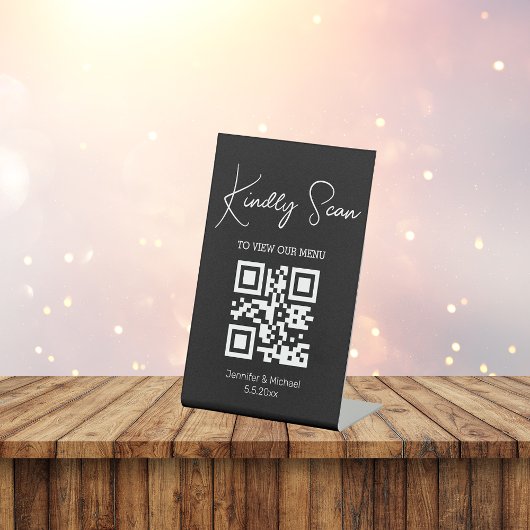 einfaches chic minimale qr Code Hochzeitsmenü schw Sockelschild