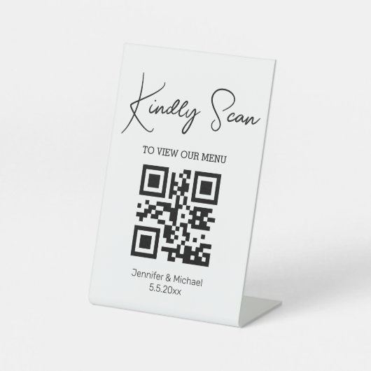 einfaches chic minimale qr Code Hochzeitsmenü Sockelschild (Vorderseite)