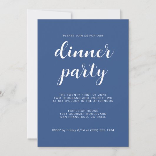 Einfaches Chic Script Classic Blue Dinner Party Einladung (Vorderseite)