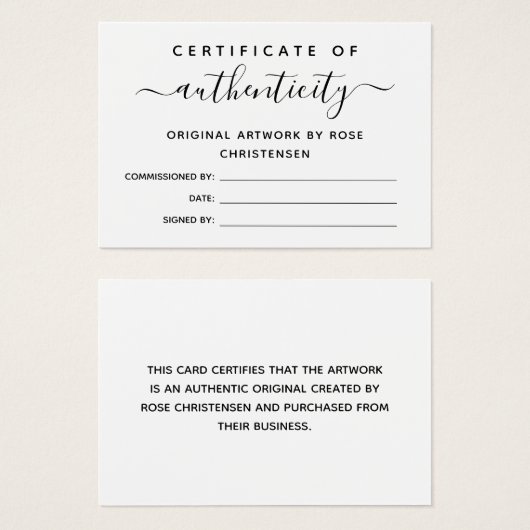 Einfaches Chic Script-Echtheitszertifikat (Vorne & Hinten)