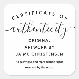 Einfaches Chic Script-Echtheitszertifikat Quadratischer Aufkleber