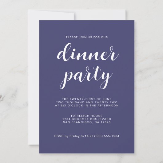Einfaches Chic Script Navy Blue Dinner Party Einladung (Vorderseite)