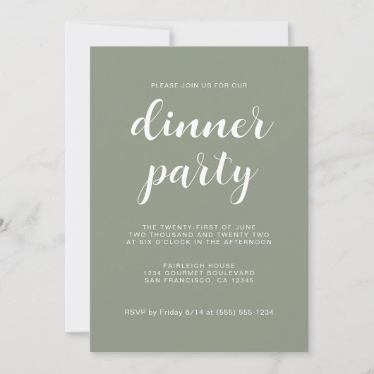 Einfaches Chic Script Sage Green Dinner Party Einladung (Vorderseite)
