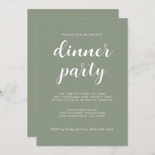 Einfaches Chic Script Sage Green Dinner Party Einladung (Vorne/Hinten)